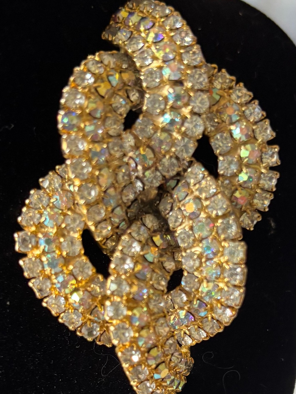 Vintage Clear & Aurora Borealis Rhinestone Ribbon BroochPin Gold Tone3”